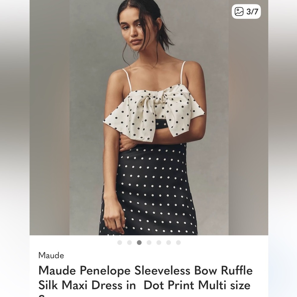 Maude Black Polka Dot Silk Maxi Dress with Cream Bow and Pink Ruffle Hem